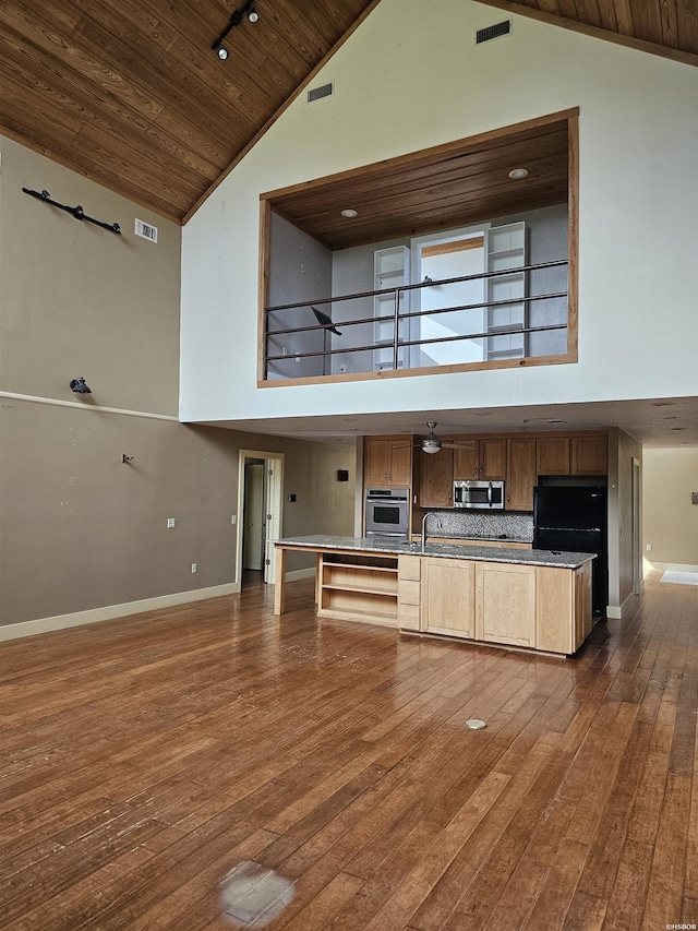 161 Funderburg Rd, Mineral Springs, AR 71851 - kitchen with wooden ceiling, high vaulted ceiling, stainless steel appliances, and dark wood-style flooring