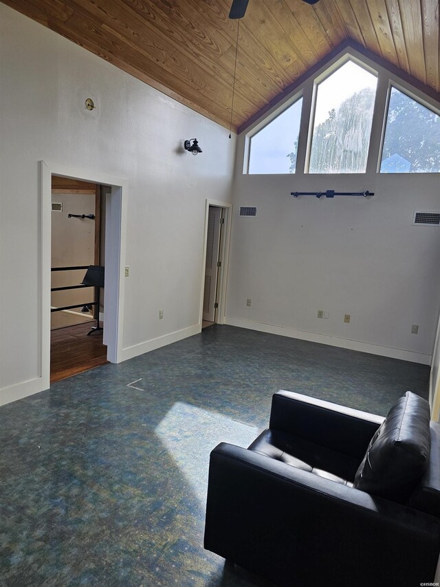 161 Funderburg Rd, Mineral Springs, AR 71851 - living room featuring wooden ceiling, visible vents, a ceiling fan, and lofted ceiling