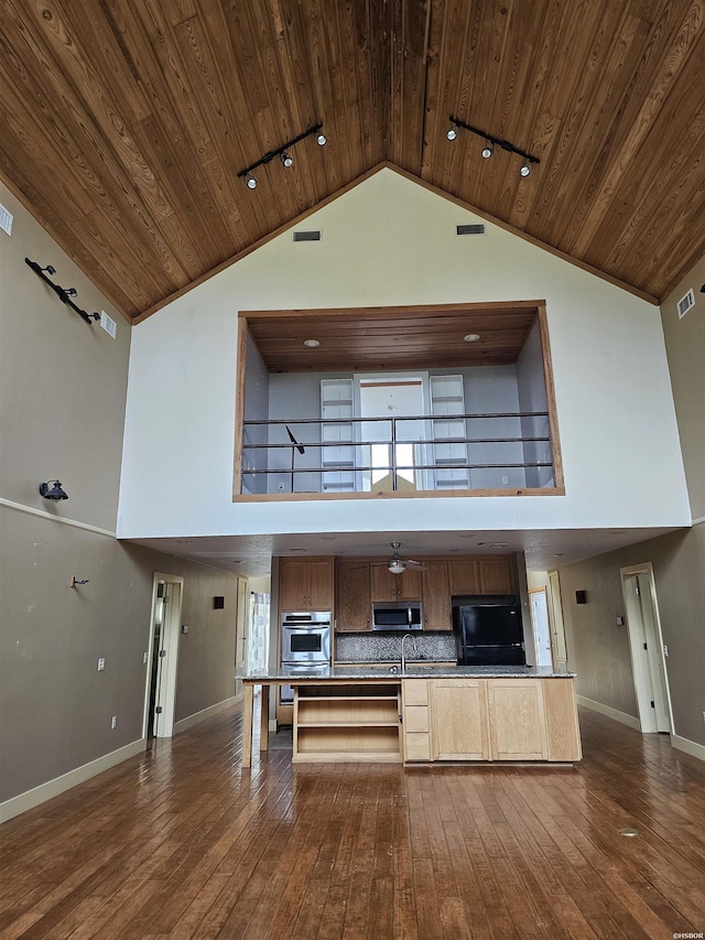 161 Funderburg Rd, Mineral Springs, AR 71851 - kitchen with high vaulted ceiling, wood ceiling, appliances with stainless steel finishes, and dark wood-type flooring