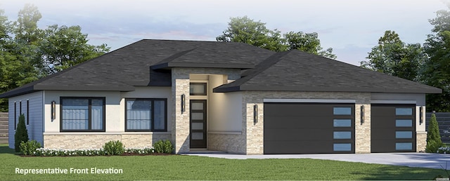 view of front of property with an attached garage, stone siding, a front lawn, and concrete driveway