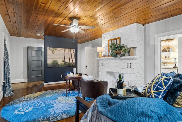 bedroom with dark wood-style floors, wood ceiling, a fireplace, and baseboards