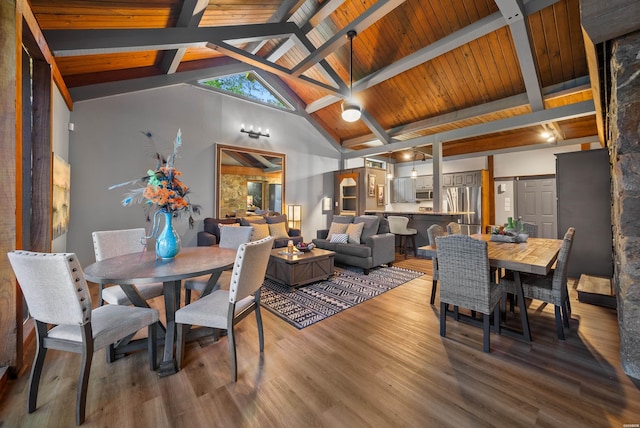 dining space with high vaulted ceiling, wooden ceiling, wood finished floors, and beam ceiling