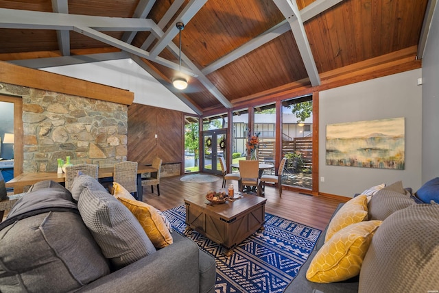 living area featuring baseboards, wood ceiling, wood finished floors, beamed ceiling, and high vaulted ceiling