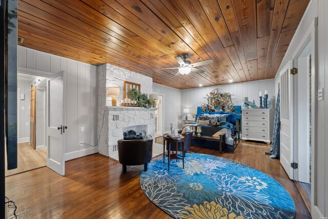 interior space featuring ceiling fan, wooden ceiling, a fireplace, and wood finished floors