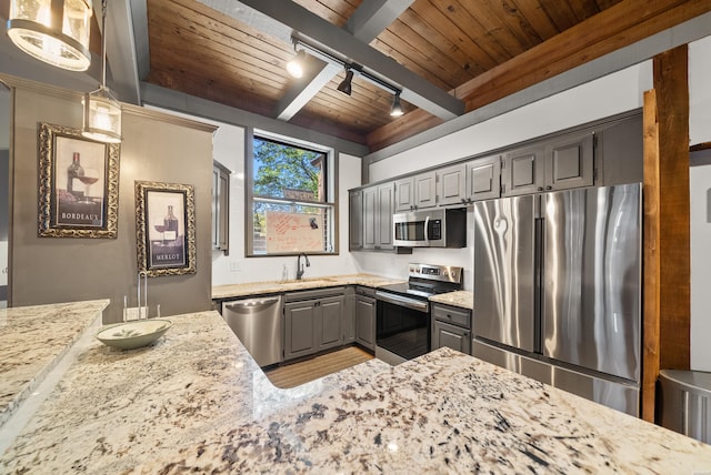 kitchen with appliances with stainless steel finishes, a sink, light stone countertops, wooden ceiling, and beamed ceiling