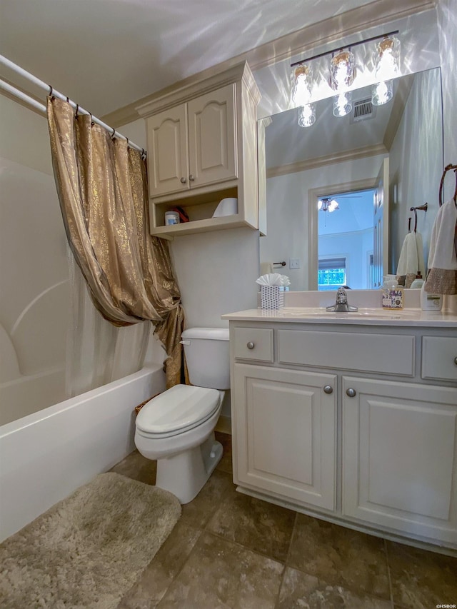 bathroom featuring visible vents, toilet, ornamental molding, shower / bath combo with shower curtain, and vanity