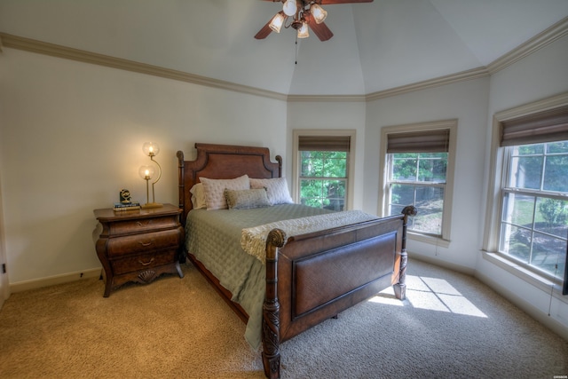 bedroom with multiple windows, high vaulted ceiling, crown molding, and light colored carpet