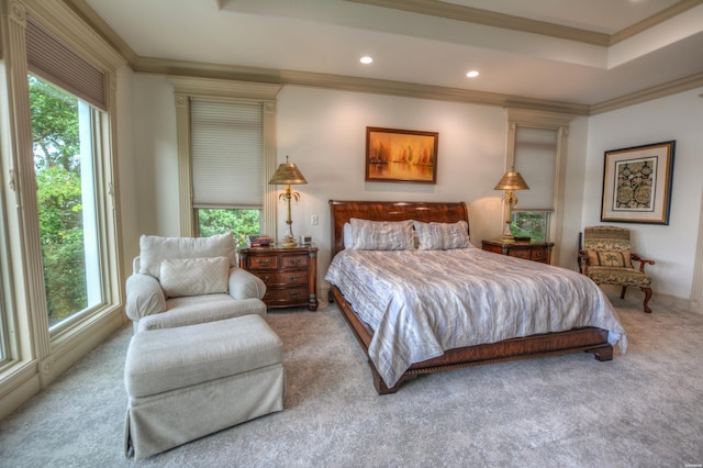 bedroom featuring carpet, multiple windows, crown molding, and recessed lighting