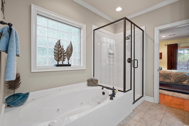 ensuite bathroom featuring tile patterned flooring, ornamental molding, a jetted tub, a shower stall, and ensuite bath