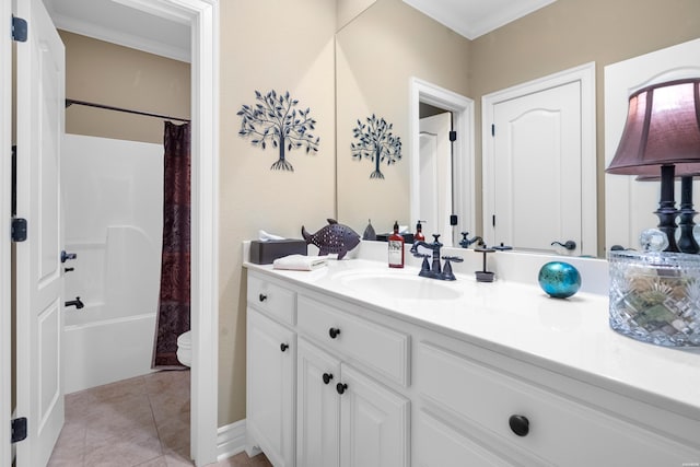 full bath with shower / tub combo, toilet, tile patterned flooring, crown molding, and vanity