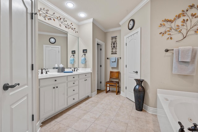 full bathroom featuring a sink, baseboards, tile patterned floors, double vanity, and crown molding