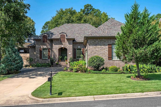 french country style house featuring concrete driveway, a front lawn, roof with shingles, and brick siding