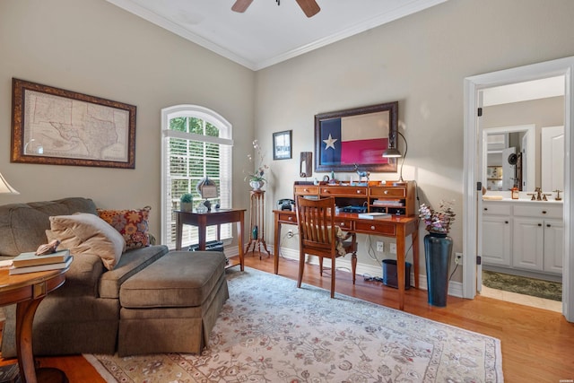 office area featuring ceiling fan, a sink, baseboards, light wood finished floors, and crown molding