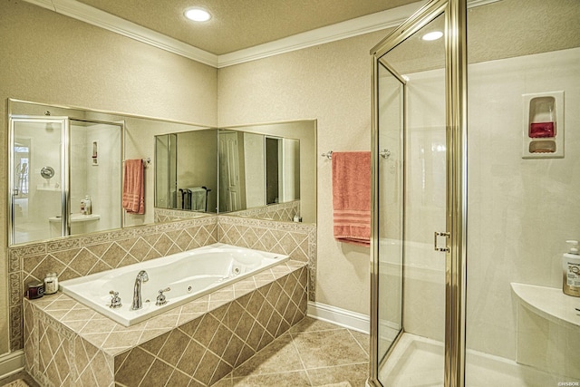 451 Lakeland Dr Unit G-4, Hot Springs, AR 71913 - bathroom with a whirlpool tub, a shower stall, crown molding, and tile patterned floors