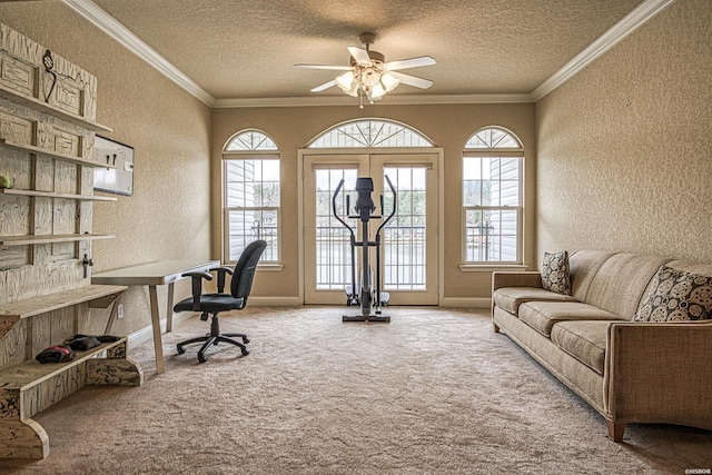 451 Lakeland Dr Unit G-4, Hot Springs, AR 71913 - carpeted home office with ornamental molding, a textured wall, a textured ceiling, and ceiling fan