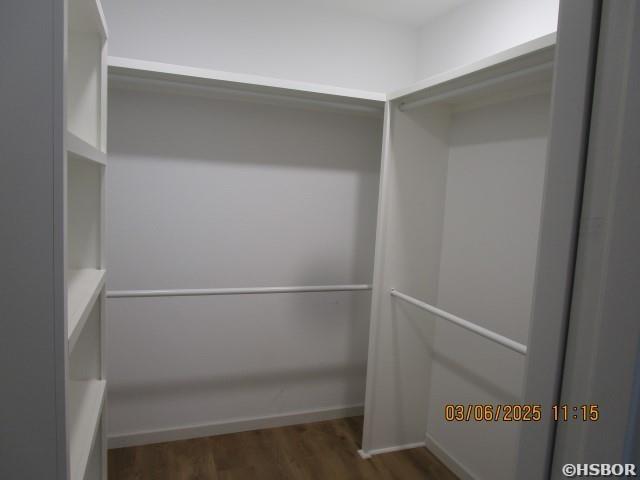 walk in closet with dark wood finished floors