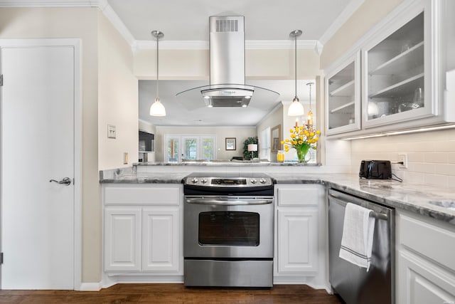 1201 Airport Rd Unit D-14, Hot Springs, AR 71913 - kitchen featuring stainless steel appliances, island exhaust hood, glass insert cabinets, light stone countertops, and backsplash
