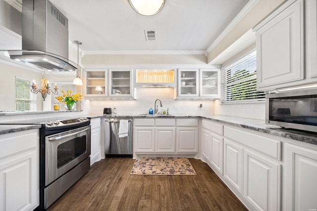 1201 Airport Rd Unit D-14, Hot Springs, AR 71913 - kitchen featuring appliances with stainless steel finishes, island exhaust hood, a sink, dark wood-style flooring, and ornamental molding