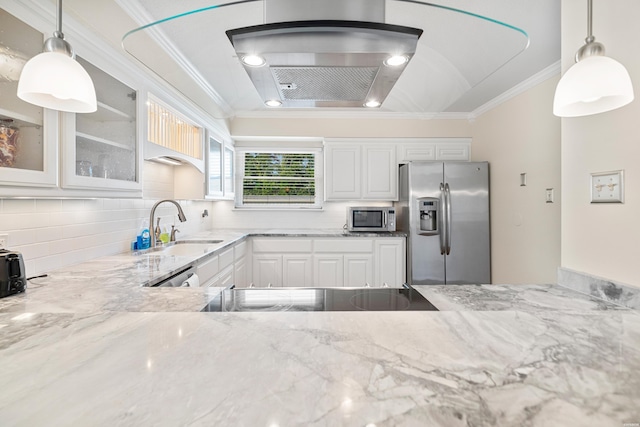 1201 Airport Rd Unit D-14, Hot Springs, AR 71913 - kitchen with appliances with stainless steel finishes, a sink, glass insert cabinets, light stone counters, and backsplash