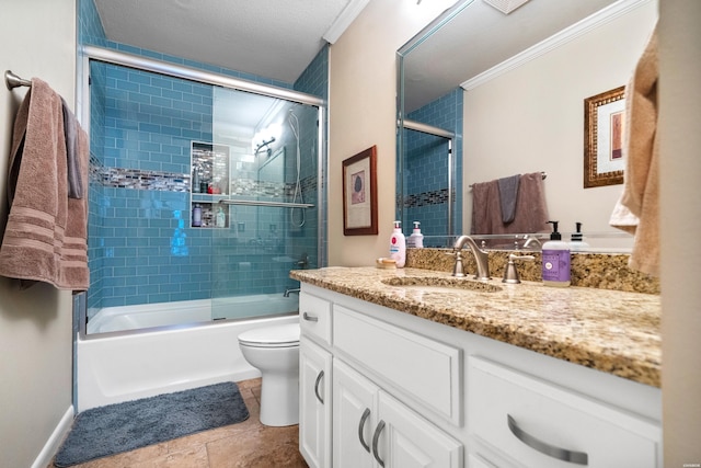 1201 Airport Rd Unit D-14, Hot Springs, AR 71913 - bathroom with vanity, toilet, bath / shower combo with glass door, crown molding, and baseboards