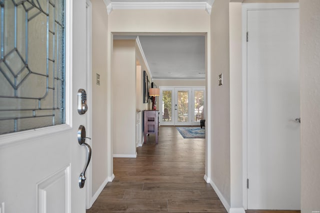 1201 Airport Rd Unit D-14, Hot Springs, AR 71913 - foyer entrance with crown molding, baseboards, dark wood-style flooring, and french doors