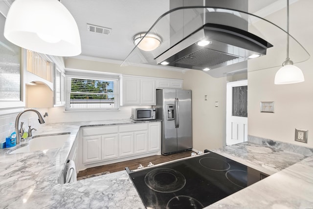 1201 Airport Rd Unit D-14, Hot Springs, AR 71913 - kitchen with stainless steel appliances, a sink, light stone counters, white cabinets, and crown molding