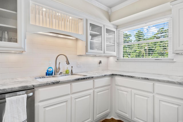 1201 Airport Rd Unit D-14, Hot Springs, AR 71913 - kitchen featuring a sink, stainless steel dishwasher, ornamental molding, backsplash, and white cabinets