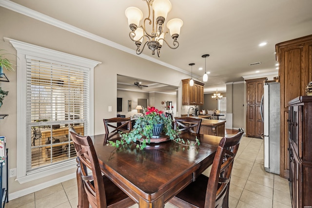 121 Wildwood Forest Rd, Hot Springs, AR 71913 - dining space with visible vents, crown molding, recessed lighting, ceiling fan with notable chandelier, and light tile patterned floors
