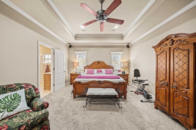 121 Wildwood Forest Rd, Hot Springs, AR 71913 - bedroom featuring visible vents, ornamental molding, a raised ceiling, ensuite bath, and carpet floors