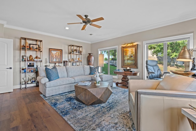 living area with a ceiling fan, ornamental molding, dark wood-style flooring, and recessed lighting