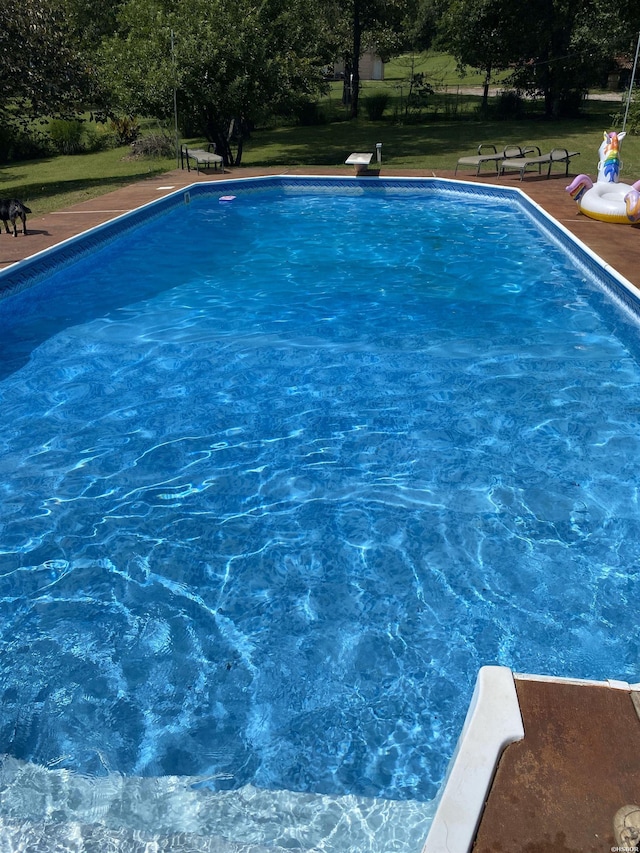 pool with a lanai, a diving board, and a lawn