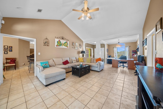 living area with light tile patterned floors, decorative columns, visible vents, and ceiling fan