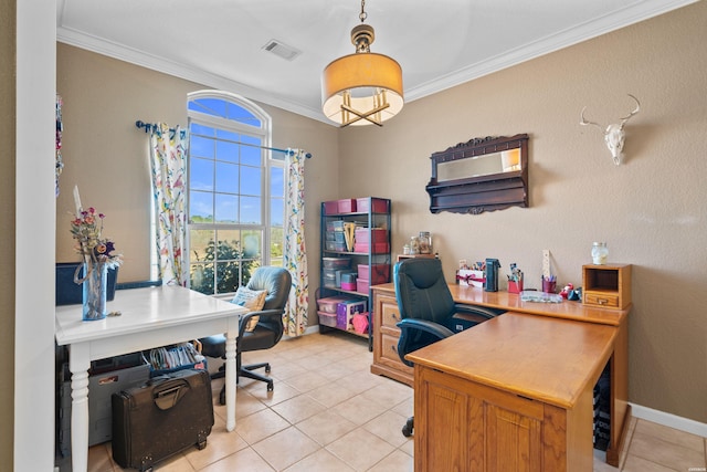 office featuring light tile patterned floors, ornamental molding, visible vents, and baseboards