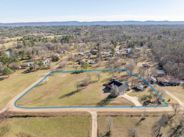 birds eye view of property featuring a rural view, a mountain view, and a view of trees