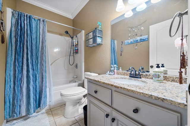 full bath with tile patterned flooring, toilet, shower / tub combo, vanity, and crown molding