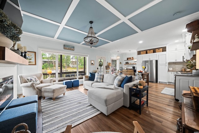 126 Chambers Pt Unit E, Hot Springs, AR 71913 - living room with a chandelier, recessed lighting, coffered ceiling, and dark wood-type flooring