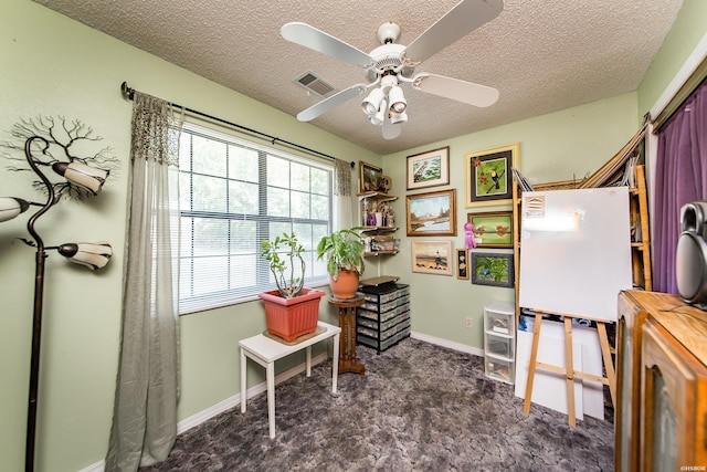 358 Buccaneer St, Hot Springs, AR 71913 - home office featuring a textured ceiling, dark carpet, and a ceiling fan