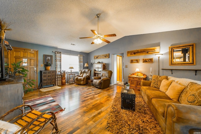 358 Buccaneer St, Hot Springs, AR 71913 - living room featuring hardwood / wood-style flooring, a ceiling fan, lofted ceiling, and a textured ceiling