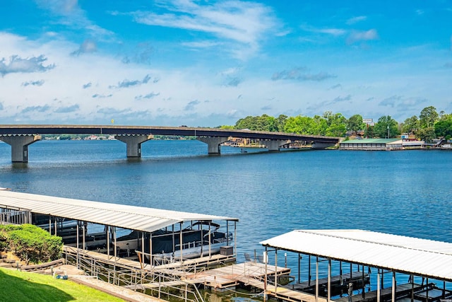 view of dock with a water view