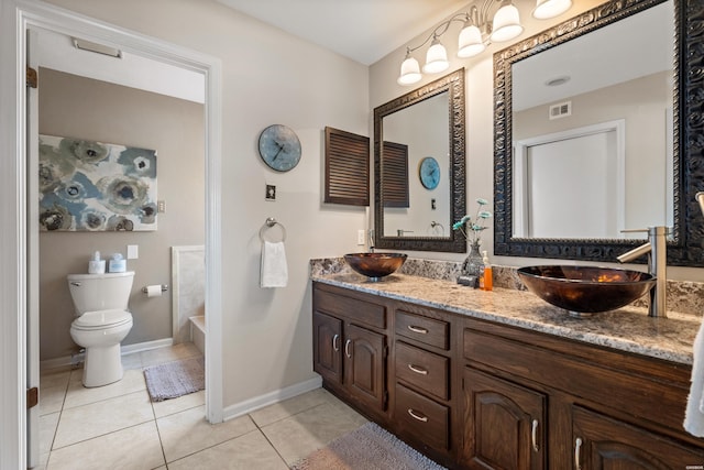 full bathroom with tile patterned flooring, visible vents, double vanity, toilet, and a sink