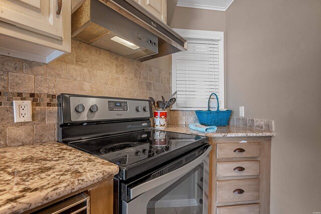 101 Long Is Unit 501, Hot Springs, AR 71913 - kitchen with stainless steel electric range oven, backsplash, light stone countertops, and under cabinet range hood