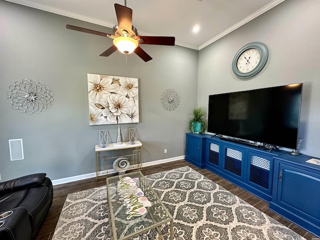 living room featuring ornamental molding, ceiling fan, dark wood-type flooring, and baseboards