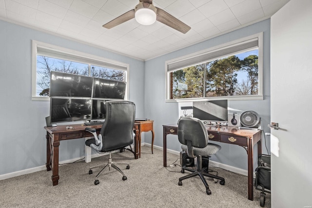 carpeted home office with crown molding, baseboards, and a ceiling fan