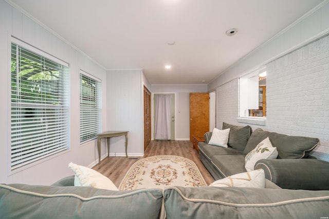 living area featuring crown molding, wood finished floors, and brick wall