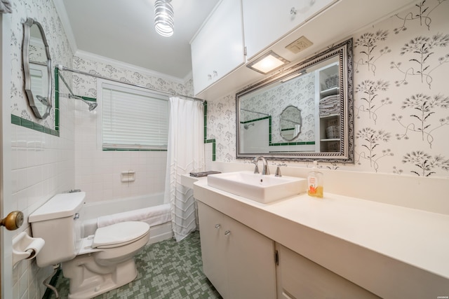 full bath with toilet, shower / tub combo with curtain, wallpapered walls, and vanity