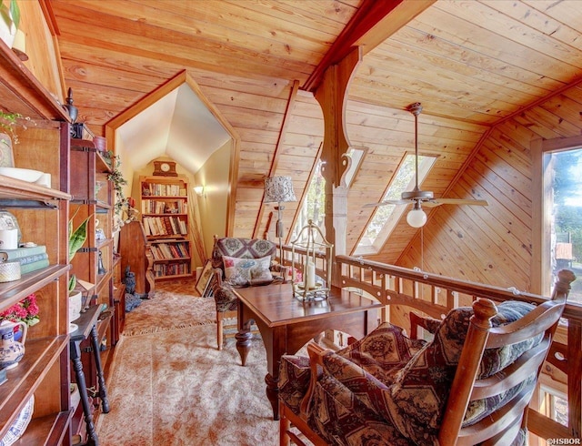 home office with light carpet, wood walls, and wood ceiling