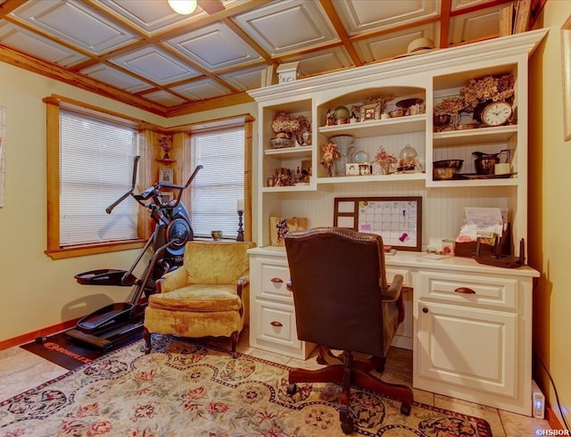 office space with an ornate ceiling and baseboards