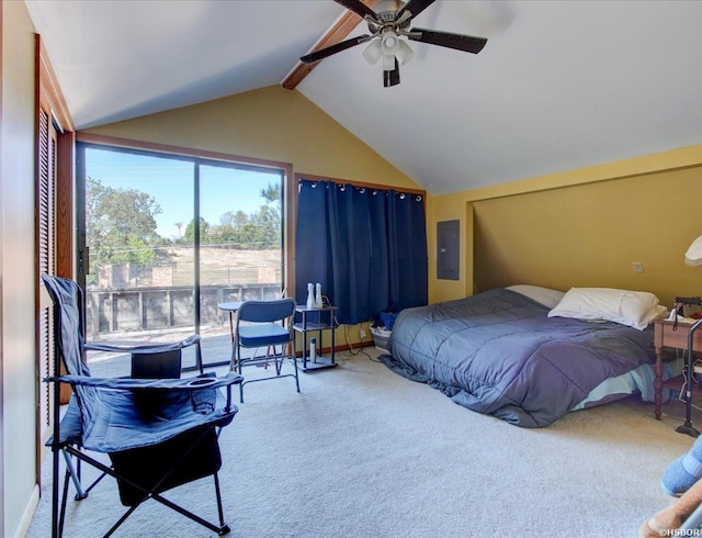 bedroom with carpet floors, electric panel, and lofted ceiling with beams