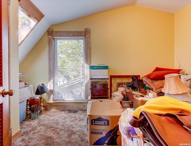 additional living space featuring vaulted ceiling, carpet, and visible vents