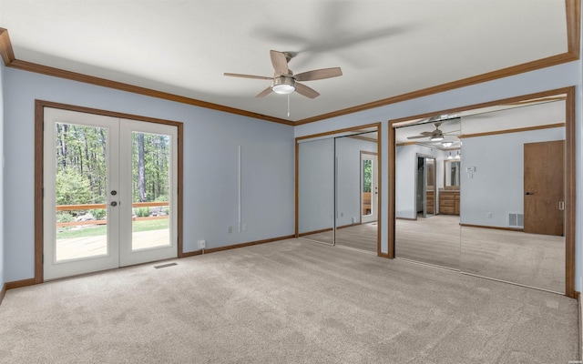 5 Arga Pl, Hot Springs, AR 71909 - unfurnished living room with a ceiling fan, french doors, carpet, and ornamental molding